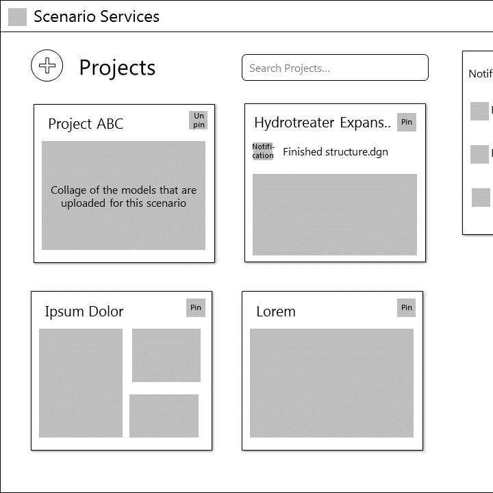 Black and white wireframes showing the basic layout of a page with a list of projects and a notifications side bar.