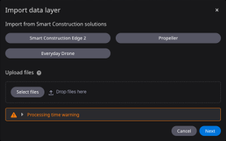 Screenshot of a modal dialog with two sections: import from smart construction solutions, and upload files