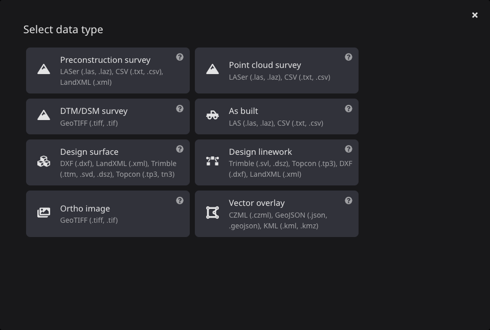 Screenshot of a modal dialog with eight options: preconstruction survey, point cloud survey, DTM/DSM survey, as built, design surface, design linework, ortho image, vector overlay. Each option has a list of supported file types below it.