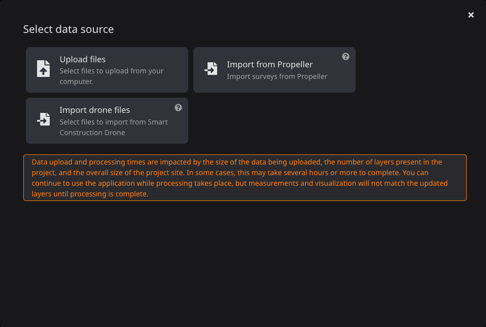 Screenshot of a modal dialog with three options: upload data, import from Propellor, and import drone files